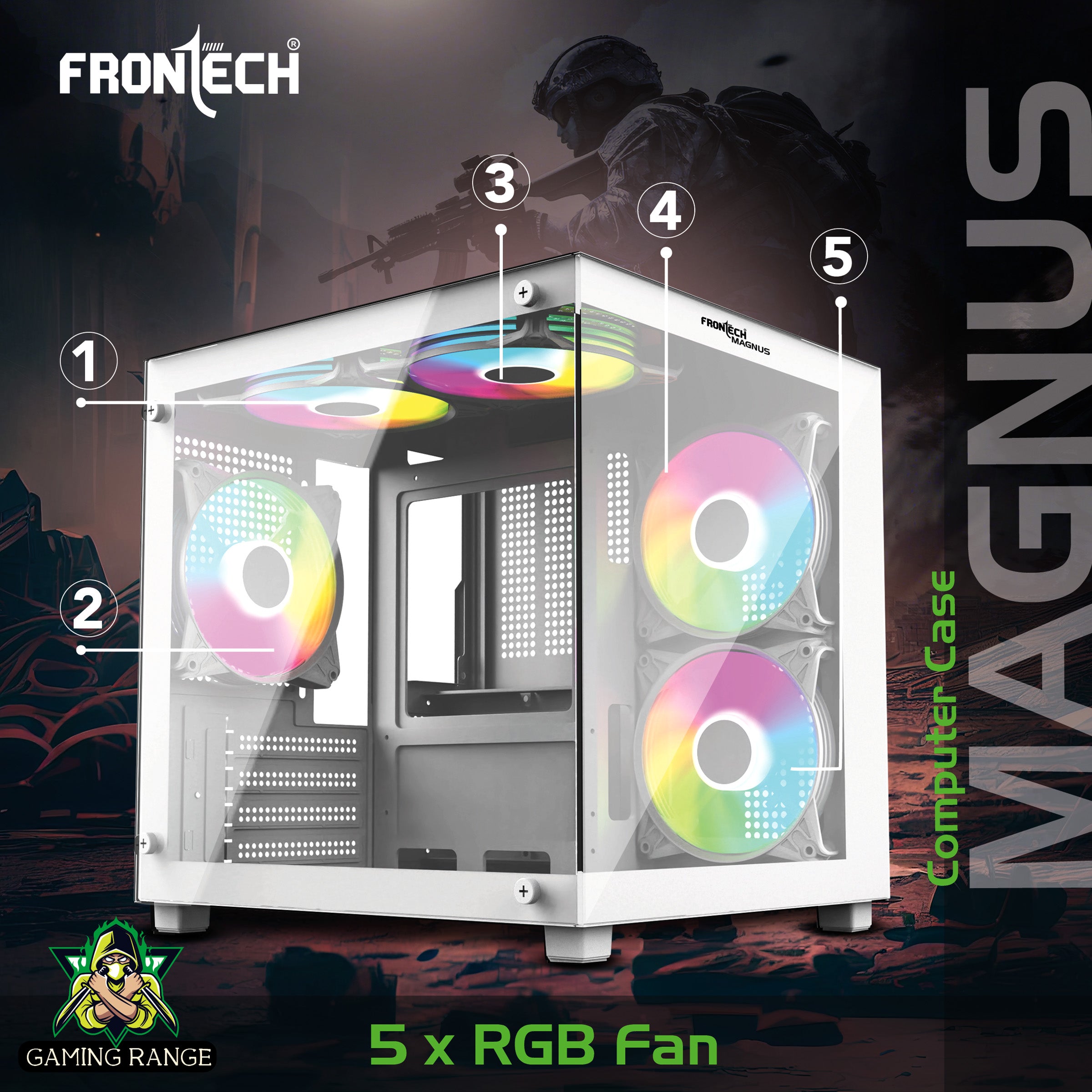 FRONTECH Gaming Computer Cabinet/Gaming Computer Case with 5 x 120 mm LED Fan and Tempered glass front and side panel| 2 X USB 1.0 | 1 X USB 3.0| HD Audio (FT-4384) FRONTECH Gaming Computer Cabinet/Gaming Computer Case with 5 x 120 mm LED Fan and Tempered glass front and side panel| 2 X USB 1.0 | 1 X USB 3.0| HD Audio (FT-4384)